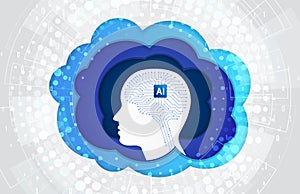 Futuristic artificial intelligence concept with head and gears inside human brain