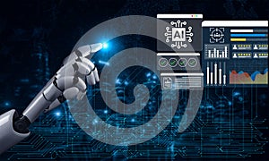 Futuristic Artificial Intelligence Concept With Robotic Hand Interacting With Digital Data Interface And Visualization