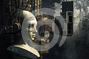 Futuristic artificial intelligence concept with a robotic head and technology background