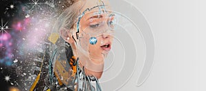 Futuristic artificial intelligence cyborg face woman electronics concept science,biological technology robotic