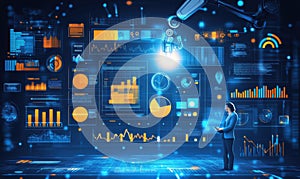 Futuristic Artificial Intelligence Data Analysis Interface with Robotic Arm Interaction