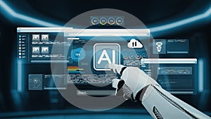 Futuristic Artificial Intelligence Interface Displayed by Robot Hand in a High-Tech Environment with Data and Analysis