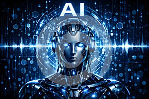 Futuristic Artificial Intelligence Interface With Humanoid Robot And Digital Data Visualization