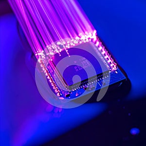 Futuristic Artificial Intelligence Microchip with Fiber Optic Data Streams and Advanced Semiconductor Technology