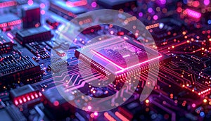 Futuristic AI Microchip With Neon Circuit Technology â Quantum Computing And Artificial Intelligence Concept