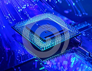 Futuristic Artificial Intelligence Processor Chip with Fiber Optic Data Streams and Semiconductor Technology