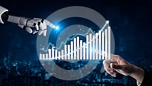 Futuristic Artificial Intelligence Robot Hand Interacting with Human Hand in Financial Growth Concept Visualizing