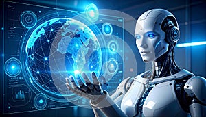 Artificial Intelligence Robot with Digital Globe and Global Data Network Technology Concept