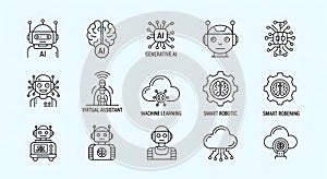 Futuristic Artificial Intelligence, Robotic Automation, Machine Learning, and Cloud Computing vector line icon collection set