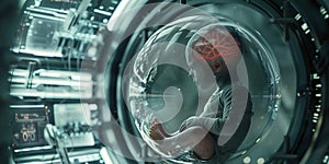 Futuristic artificial womb technology concept, human fetus in biotech pod. sci-fi scene illustration. AI