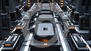 Futuristic assembly line manufacturing electronic components in a high tech facility