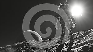 Futuristic astronaut exploring a rocky moon surface under a bright sun