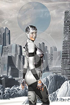 Futuristic astronaut girl on an alien planet