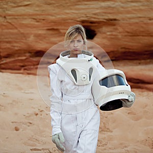 Futuristic astronaut without a helmet on another planet, image with the effect of toning