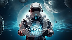 Futuristic astronaut holding cosmic glowing energy sphere with multiple moons and nebulous backdrop, symbolizing cosmic