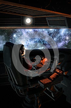 Futuristic astronaut pilot and starfield nebula photo