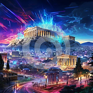 Futuristic Athens skyline with holographic sculptures of ancient Greek gods
