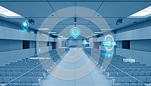 Futuristic Auditorium with Holographic Data Interfaces
