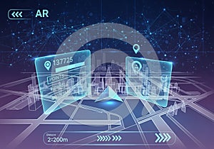 Futuristic augmented reality (AR) navigation interface showcasing a