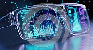 Futuristic augmented reality glasses displaying glowing digital data with a cyberpunk aesthetic