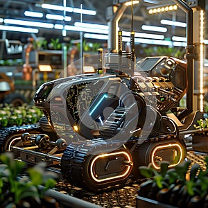 Futuristic Automated Agricultural Robot in a Greenhouse Setting photo