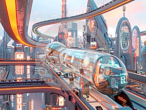 Futuristic Automaton Navigates Cutting Edge Technopolis with Holographic Skyline photo