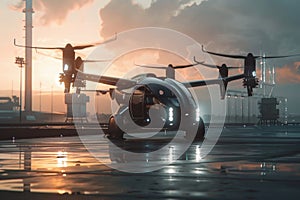 Futuristic autonomous air taxi on wet airport runway at dusk. 3D rendering of urban VTOL aircraft concept with reflection on