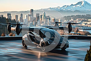 Futuristic autonomous air taxi on wet airport runway at dusk. 3D rendering of urban VTOL aircraft concept with reflection on