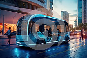 Futuristic autonomous bus on city street at dusk