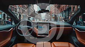 Futuristic autonomous car navigating city streets, showcasing a sleek interior and advanced technology. urban transport