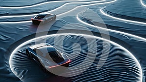 Futuristic autonomous cars on ripple patterned surface. concept art illustration, evoking high-tech transportation and