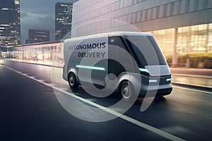 Futuristic autonomous delivery van on a city street. integration of technology in urban logistics, transforming the