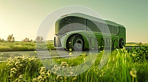 Futuristic autonomous electric public transport on a country road. Green low emission electic vehicle concept