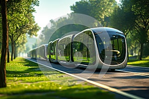 Futuristic autonomous electric public transport on a road of a green eco city. Smart vehicle concept