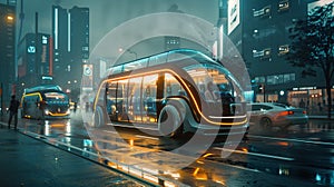 Futuristic Autonomous Shuttle Bus in Rainy Cityscape. Generative AI