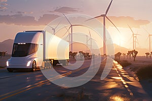 A futuristic autonomous truck on a desert highway with wind farm in background - Gen AI