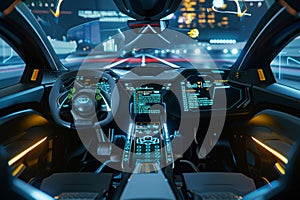 Futuristic autonomous vehicle cockpit. Interior of unmanned car dashboard