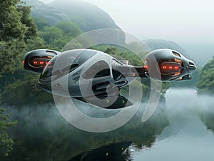 Futuristic Autonomous Vehicles Over Misty Lake