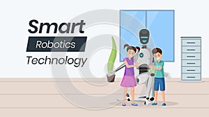 Futuristic babysitting vector banner template. Little children with artificial babysitter characters. Family friendly photo
