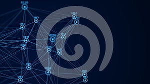 Futuristic backdrop. Network connection structure cyberspace with moving particles and numbers. Big data visualization. Abstract