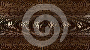 Futuristic background with bended golden maze pattern. 3d rendered technology background.