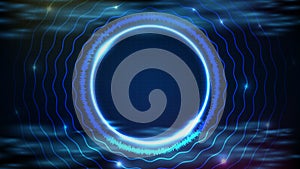 Futuristic background of blue neon circle round frame with sound equalizer wave DJ music