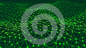 Abstract network of connected dots and lines forming a waving digital plexus surface.