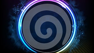 futuristic background of glowing blue neon circle round frame