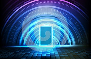 futuristic background of glowing sqaure neon door and round futuristic technology user interface screen hud