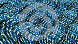Futuristic background with lines of code for a modern online game. Animation. 3D wide blue stripes with changing and
