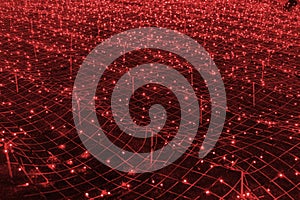 Futuristic background of red led lights arranged in grid pattern, network, glowing at night