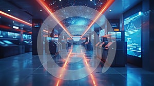 A futuristic bank where physical branches have merged with digital interfaces in a mixed reality setting. Customers can photo