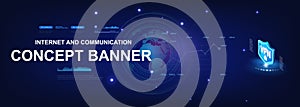 Futuristic IT banner. Cyberphone planet with the world`s next generation internet network. Unique Internet Network 3.0. World comm