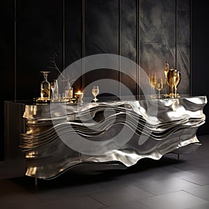 Futuristic Bar With Flowing Silver Surfaces And Whimsical Elements